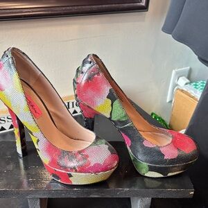 Betsey Johnson leather Floral Platform Heels in Red, Pink, Yellow & Green